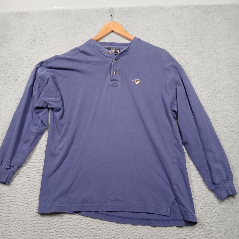GANT Shirt Mens Medium Blue Long Sleeve Henley‎ Cotton Casual Made in Pakistan